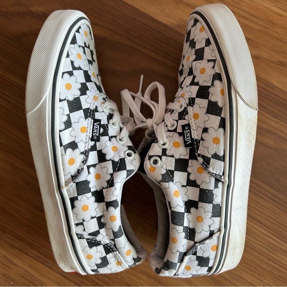 Women’s Vans Black and White Flower Checkered Shoes - Picture 3 of 10